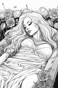 vampire in flowing white gown looking at viewer lying in coffin filled overflowing with white roses