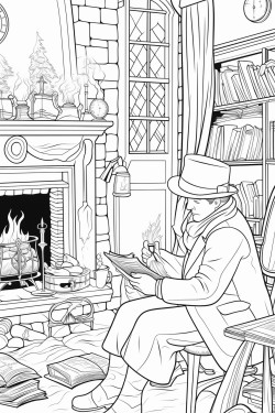 a cosy detective fireside scene with lots of books and other detective objects such as a magnifying glass