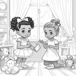 two little beautiful african american toddles with ponytails and bows playing with toys in a beautiful girly bedroom coloring page coloring page