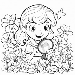 little girl looking through a magnifying glass at flowers all around her