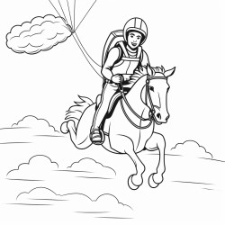 a man skydiving from a plane and a horse