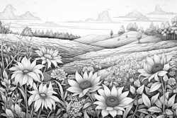 purple field of flowers with blue sky and close