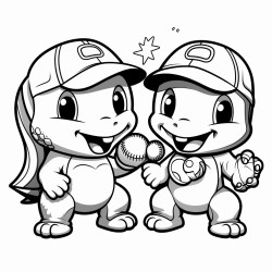 cute kawaii style dinosaurs playing baseball