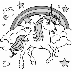 a unicorn that creates a rainbow there are some pegasuses that shoots stars on the rainbow