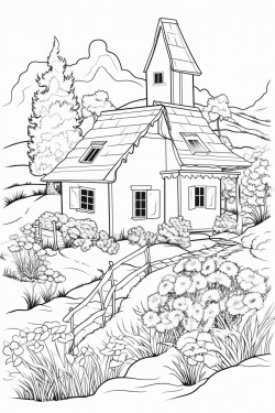 switzerland landscape with a quaint stone house surrounded by flowers and a cypress tree foxes in lavender fields