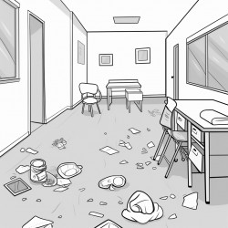a classroom left for summer with worksheets and belonging littering the floor