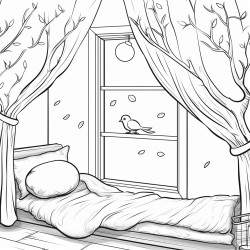 inside of bedroom big window with tree outside bird nest