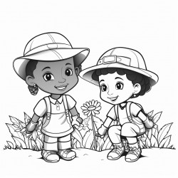 professional sketch drawing of african boy and a girl chlid caring  for plants in the forest for a coloring page