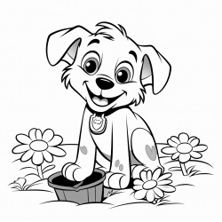 a cartoon dog diggin daisys in the dirt