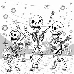 a group of smiling skeletons having a fun dance party under the stars