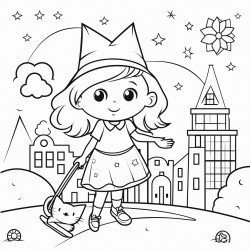 a little witch in a big city with the stars and moon out she has a broom and a white cat