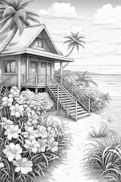 tropical island home with birds and flowers