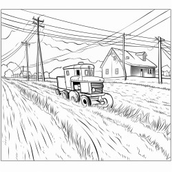 combine in a field with powerlines in the back ground