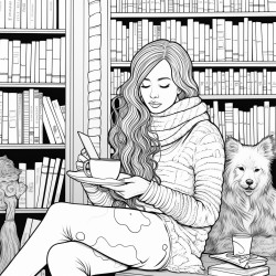 long haired girl in a cozy sweater drinking a coffee in a library with a golden retriever
