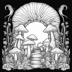 black background mushroom overgrowth surrounding a portal mysterious flower
