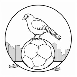 a soccer ball sitting on the halfway line with a robin perched on top