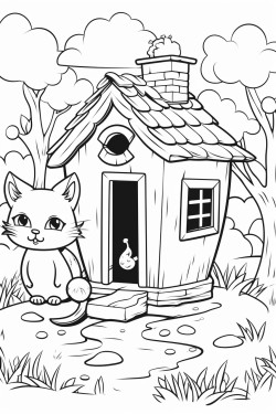 a little house in the forest with butterflies and a cat
