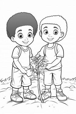professional sketch drawing of african boy and a girl chlid planting trees in the forest for coloring book coloring page