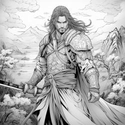 fierce and friendly asian hero with long flowing hair robes lotus in one hand sword in the other handsome full body