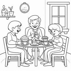 coloring page with grandparents drinking coffee and eating pastries in a cozy living room with their grandchildren