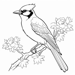 black and white coloring page blue jay on a shrub