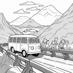 a van crossing a bridge some kids on the van