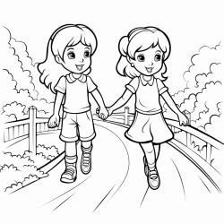 two girls holding hands walking on a path