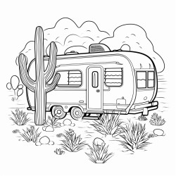a caravan surrounded by cactus trees