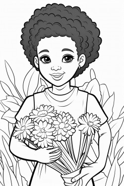 a black girl with a radiant smile holding a bouquet of flowers in a garden