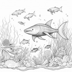 underwater reef with sharks and turtles
