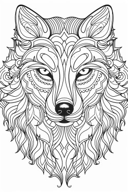 wolf zentangle art with flowers on the side