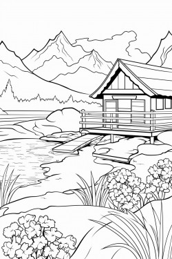 a hours in switzerland landscape with a quaint stone house surrounded by flowers wooden dock extending into a lake