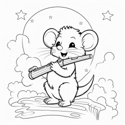 a mouse playing a flute under the moon