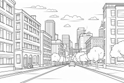 looking across the street at a city with big buildings
