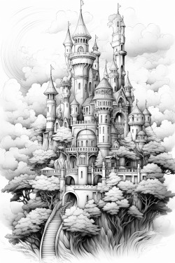 a castle in the clouds and a flying unicorn