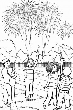 4th of july party with kids playing in park and fireworks