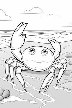 a crab holding a seashell on the beach with waves