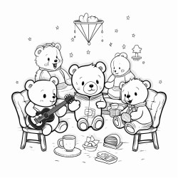illustration a group of teddy bears sitting in a circle discussing their band plans with a teddy bear holding a notepad background a cozy living room with musical posters on the walls and a coffee table with snacks