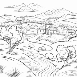 a small village surrounded by rolling hills and a large ancient olive tree in the center