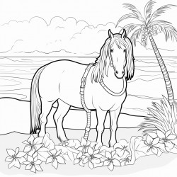 horse on beach with hawaiin leis