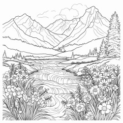 purplish blue mountains with river and a filed of flowers