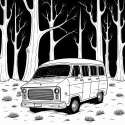 a van on a spooky forests