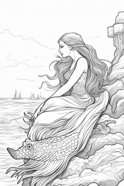 a mermaid sitting on a rock in the ocean