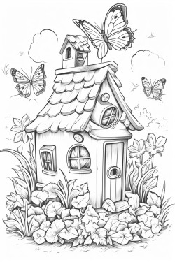 a little house in the forest with butterflies and a cat