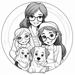 girl with pigtail braids and eyeglasses with her mom dad and beagle dog