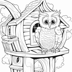 a extreme closeup of a wise old owl threequarter view to the left in a cozy treehouse interior