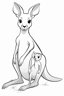 a hopping kangaroo with a pouch showing a baby kangaroo joey peeking out