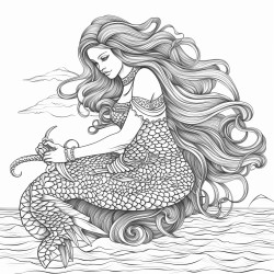 a gothic mermaid with long flowing hair and dark scales resting on a rock in a shadowy sea