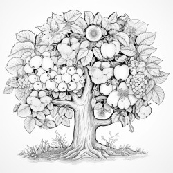 create a tree with fruits and flower capture everything in detail