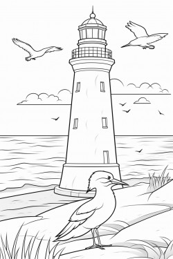 lighthouse on the beach with birds and the ocean in the background